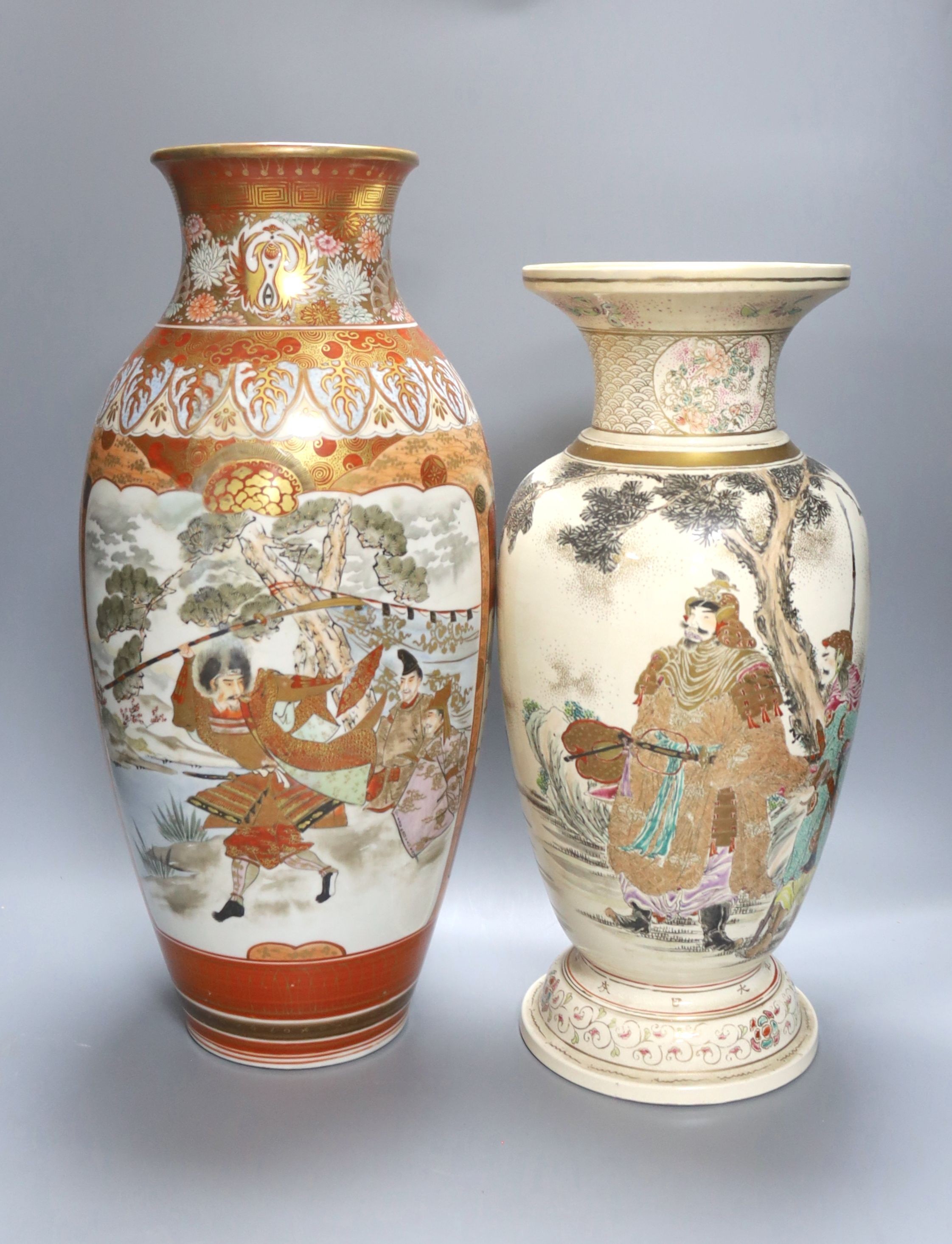 A large Japanese Kutani porcelain vase and a large Japanese Satsuma pottery vase, impressed Kozan mark, both restored 46cm